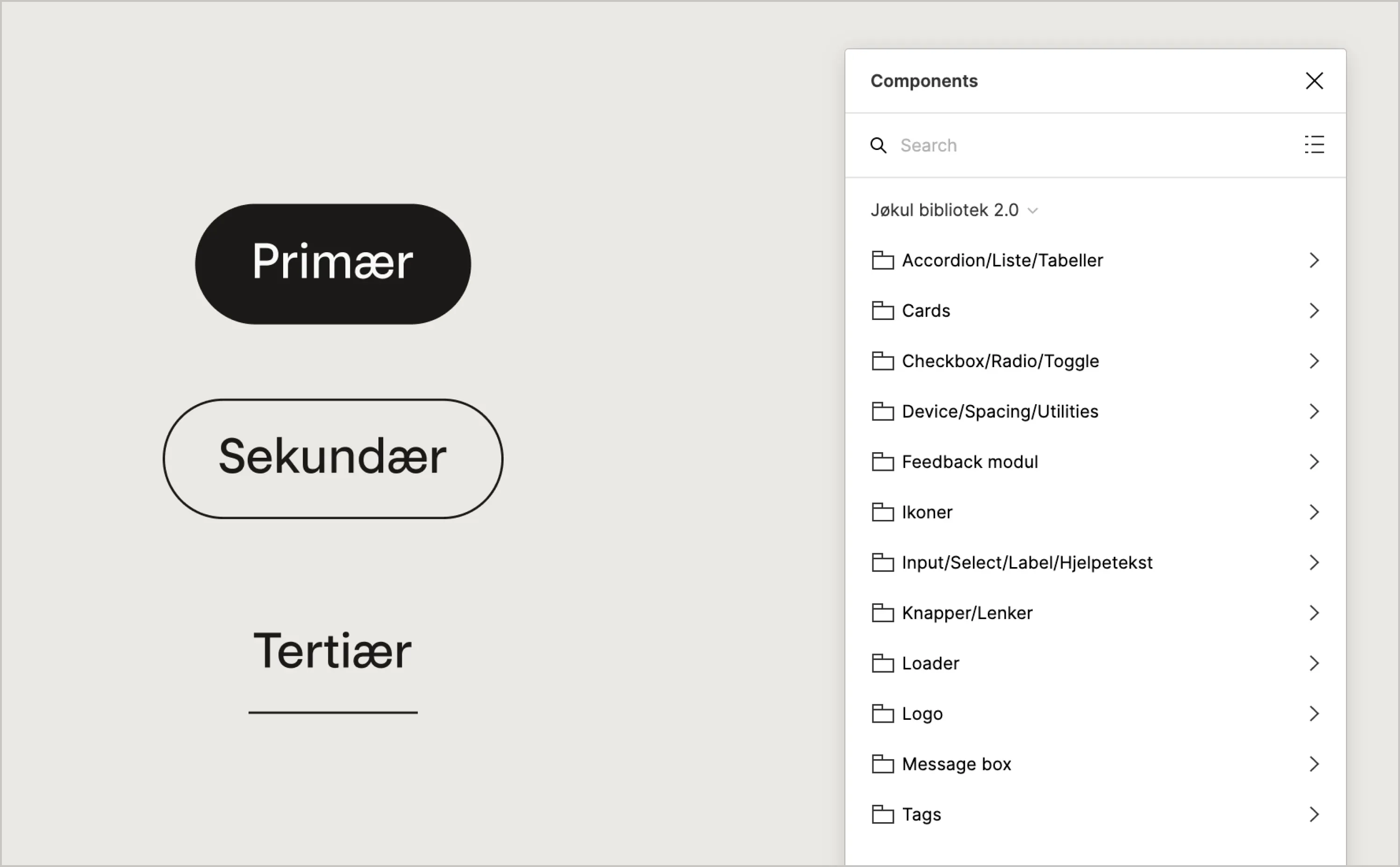 Utsnitt fra Figma som viser tre knapper (Primær, Sekundær, Tertiær) og en liste med komponenter som kan settes inn fra Jøkul-biblioteket.